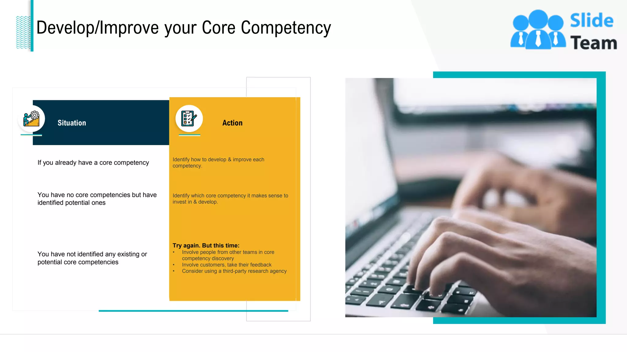 Develop/Improve your Core Competency
Situation Action
If you already have a core competency
Identify how to develop & improve each
competency.
You have no core competencies but have
identified potential ones
Identify which core competency it makes sense to
invest in & develop.
You have not identified any existing or
potential core competencies
Try again. But this time:
• Involve people from other teams in core
competency discovery
• Involve customers, take their feedback
• Consider using a third-party research agency
8
This slide is 100% editable. Adapt it to your needs and capture your audience's attention.
 