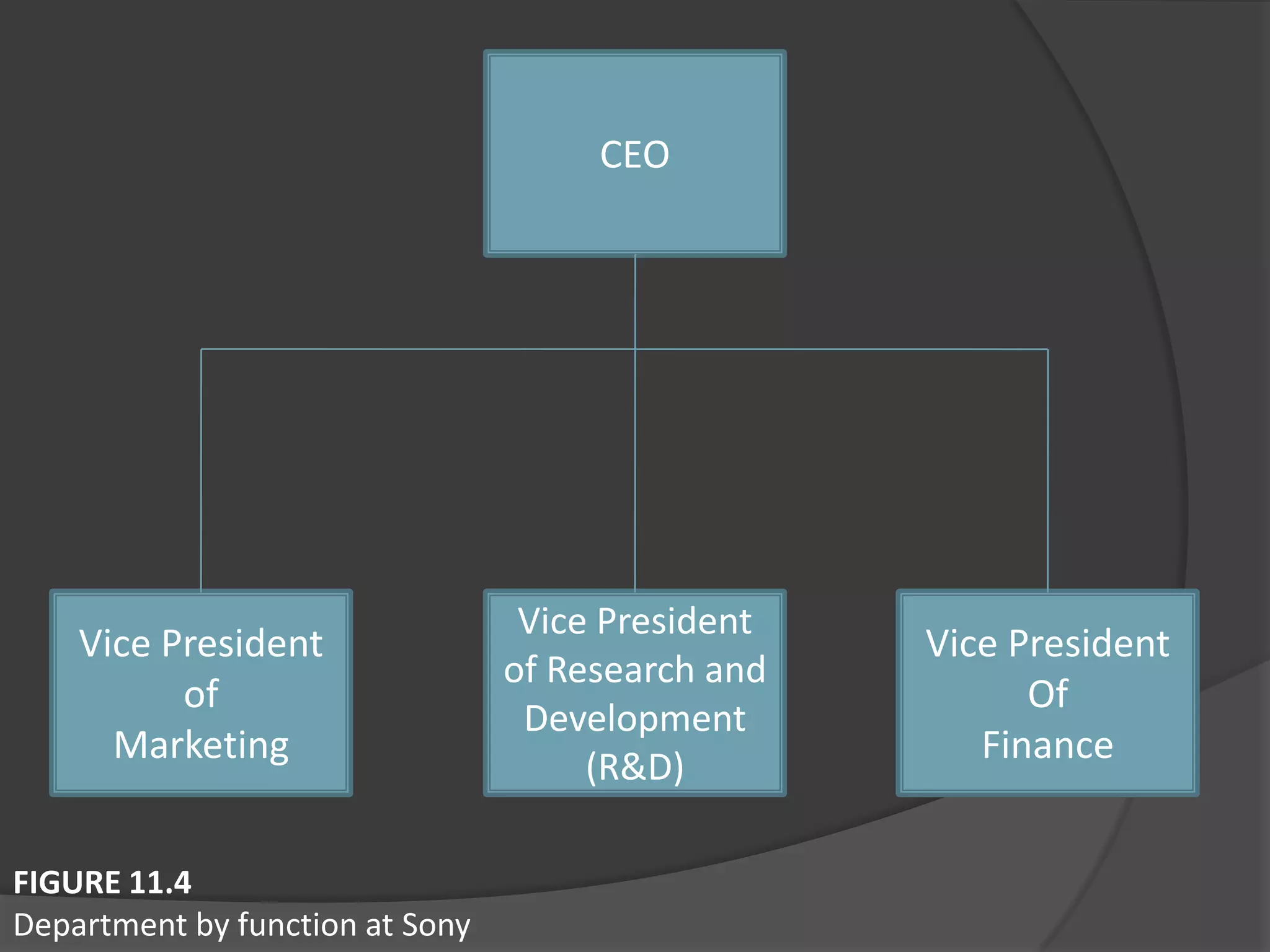CEO
Vice President
Of
Finance
Vice President
of Research and
Development
(R&D)
Vice President
of
Marketing
FIGURE 11.4
Department by function at Sony
 