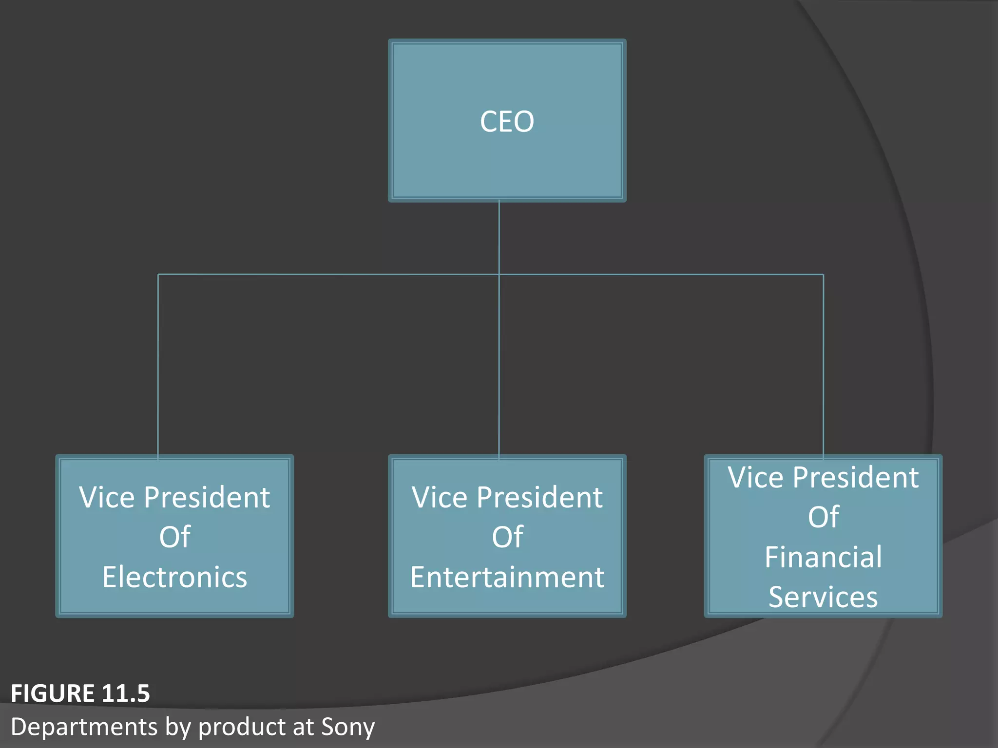 CEO
Vice President
Of
Financial
Services
Vice President
Of
Entertainment
Vice President
Of
Electronics
FIGURE 11.5
Departments by product at Sony
 