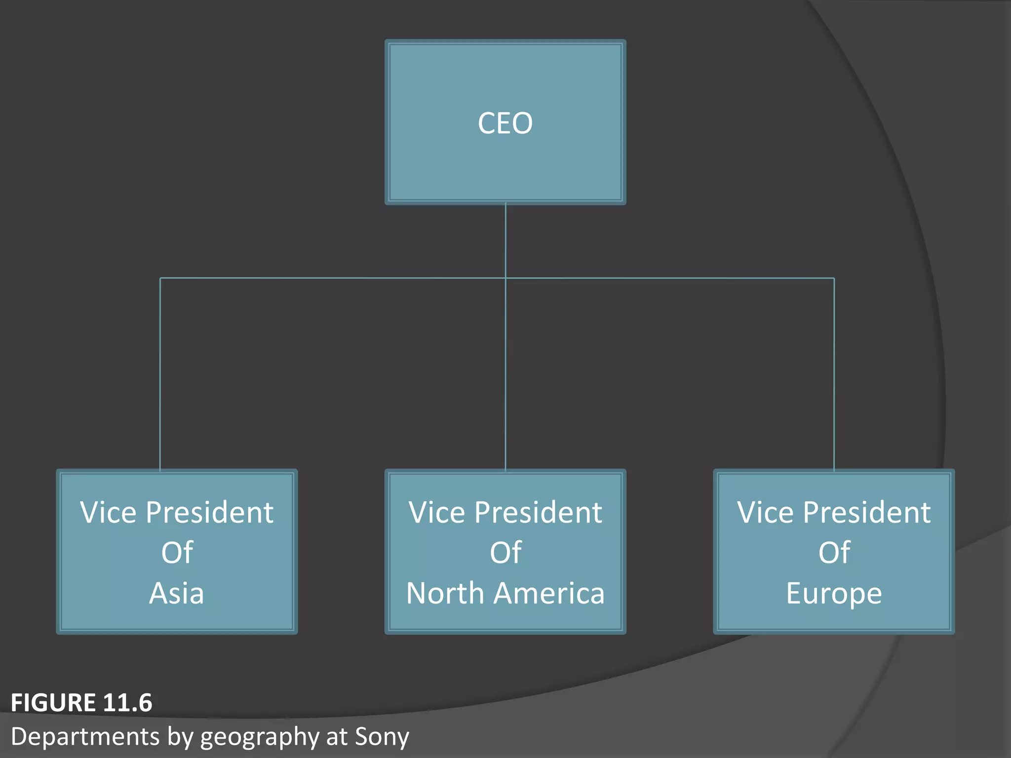 CEO
Vice President
Of
Europe
Vice President
Of
North America
Vice President
Of
Asia
FIGURE 11.6
Departments by geography at Sony
 