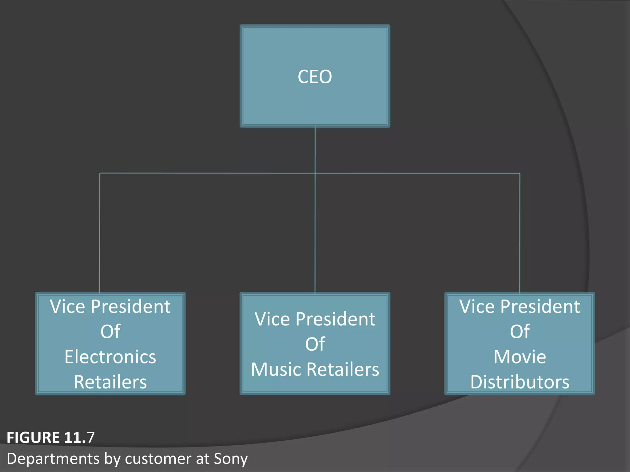 CEO
Vice President
Of
Movie
Distributors
Vice President
Of
Music Retailers
Vice President
Of
Electronics
Retailers
FIGURE 11.7
Departments by customer at Sony
 