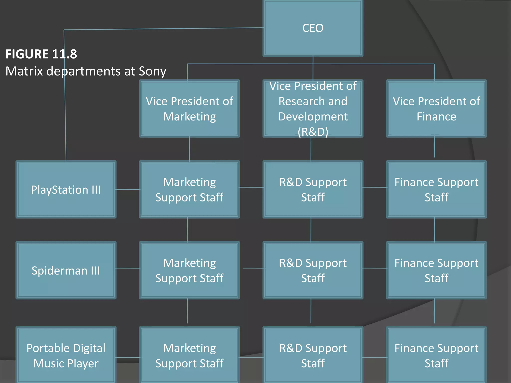 Vice President of
Marketing
Vice President of
Research and
Development
(R&D)
Vice President of
Finance
PlayStation III
Marketing
Support Staff
R&D Support
Staff
Finance Support
Staff
Spiderman III
Marketing
Support Staff
R&D Support
Staff
Finance Support
Staff
Finance Support
Staff
R&D Support
Staff
Marketing
Support Staff
Portable Digital
Music Player
CEO
FIGURE 11.8
Matrix departments at Sony
 