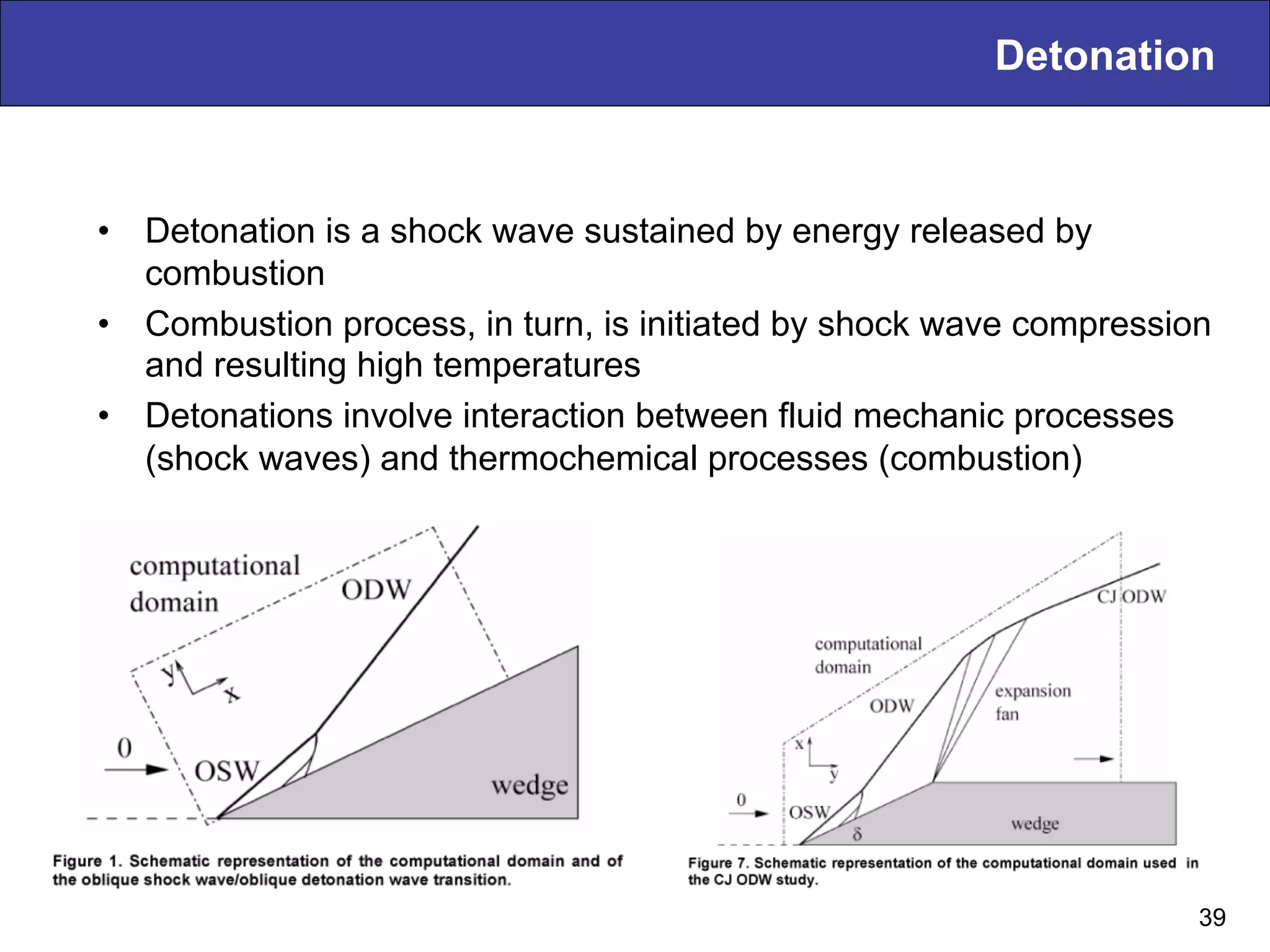Detonation
•  Detonation is a shock wave sustained by energy released by
combustion
•  Combustion process, in turn, is initiated by shock wave compression
and resulting high temperatures
•  Detonations involve interaction between fluid mechanic processes
(shock waves) and thermochemical processes (combustion)
39
 