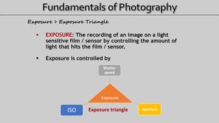  EXPOSURE: The recording of an image on a light
sensitive film / sensor by controlling the amount of
light that hits the film / sensor.
 Exposure is controlled by
Exposure > Exposure Triangle
Exposure
Shutter
speed
ApertureISO Exposure triangle
 