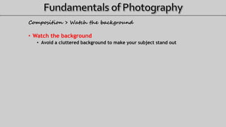 Composition > Watch the background
• Watch the background
• Avoid a cluttered background to make your subject stand out
 