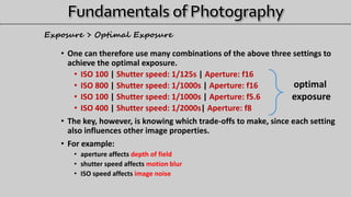 • One can therefore use many combinations of the above three settings to
achieve the optimal exposure.
• ISO 100 | Shutter speed: 1/125s | Aperture: f16
• ISO 800 | Shutter speed: 1/1000s | Aperture: f16
• ISO 100 | Shutter speed: 1/1000s | Aperture: f5.6
• ISO 400 | Shutter speed: 1/2000s| Aperture: f8
• The key, however, is knowing which trade-offs to make, since each setting
also influences other image properties.
• For example:
• aperture affects depth of field
• shutter speed affects motion blur
• ISO speed affects image noise
Exposure > Optimal Exposure
optimal
exposure
 