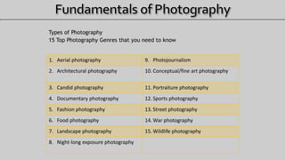 Types of Photography
15 Top Photography Genres that you need to know
1. Aerial photography 9. Photojournalism
2. Architectural photography 10. Conceptual/fine art photography
3. Candid photography 11. Portraiture photography
4. Documentary photography 12. Sports photography
5. Fashion photography 13. Street photography
6. Food photography 14. War photography
7. Landscape photography 15. Wildlife photography
8. Night-long exposure photography
 