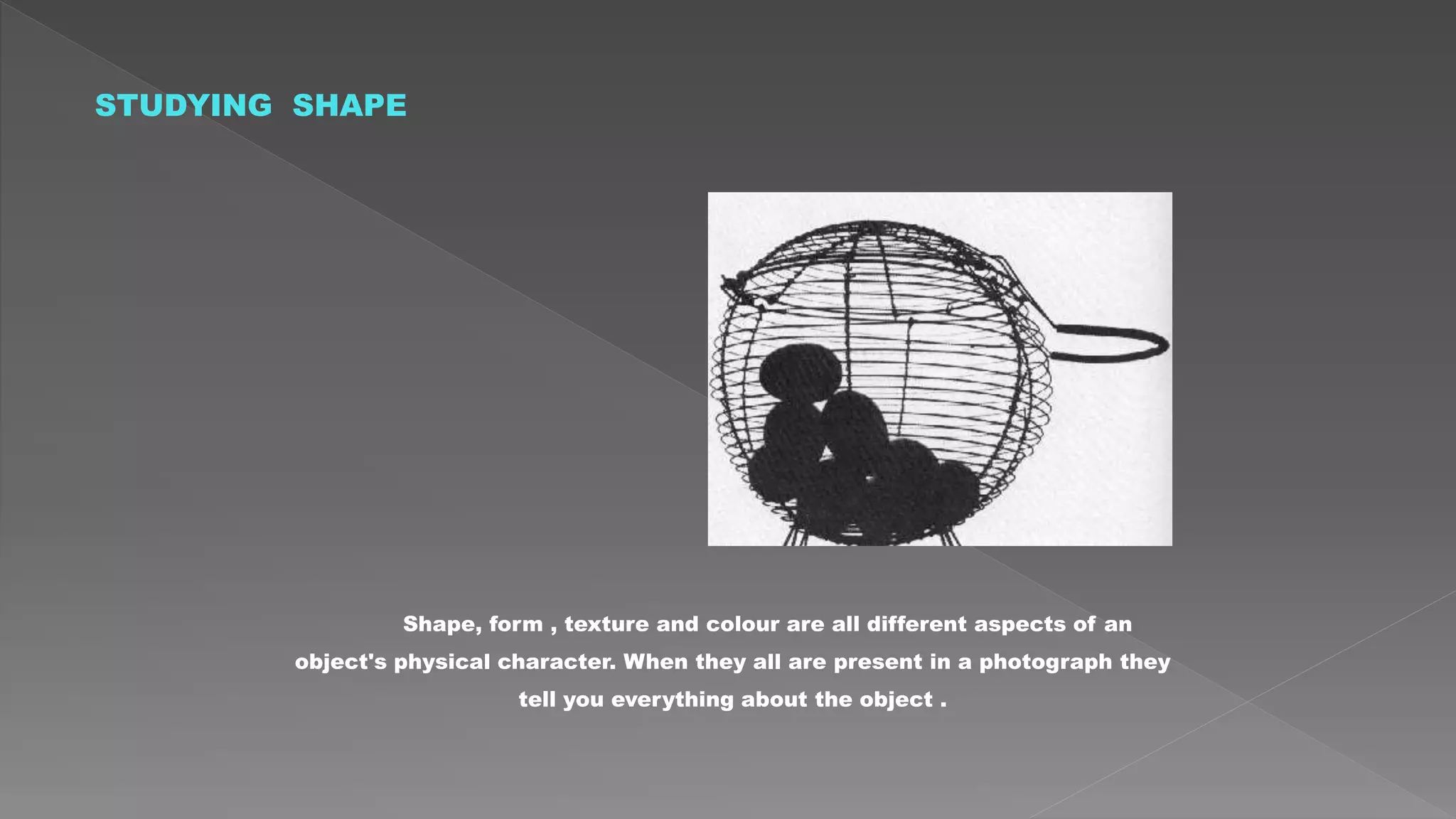 STUDYING SHAPE
Shape, form , texture and colour are all different aspects of an
object's physical character. When they all are present in a photograph they
tell you everything about the object .
 