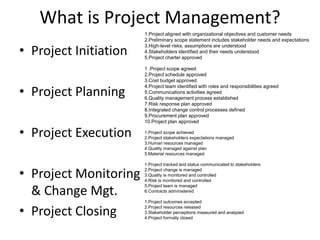 1.Project aligned with organizational objectives and customer needs
2.Preliminary scope statement includes stakeholder needs and expectations
3.High-level risks, assumptions are understood
4.Stakeholders identified and their needs understood
5.Project charter approved
1 .Project scope agreed
2.Project schedule approved
3.Cost budget approved
4.Project team identified with roles and responsibilities agreed
5.Communications activities agreed
6.Quality management process established
7.Risk response plan approved
8.Integrated change control processes defined
9.Procurement plan approved
10.Project plan approved
1.Project scope achieved
2.Project stakeholders expectations managed
3.Human resources managed
4.Quality managed against plan
5.Material resources managed
1.Project tracked and status communicated to stakeholders
2.Project change is managed
3.Quality is monitored and controlled
4.Risk is monitored and controlled
5.Project team is managed
6.Contracts administered
1.Project outcomes accepted
2.Project resources released
3.Stakeholder perceptions measured and analyzed
4.Project formally closed
What is Project Management?
• Project Initiation
• Project Planning
• Project Execution
• Project Monitoring
& Change Mgt.
• Project Closing
 