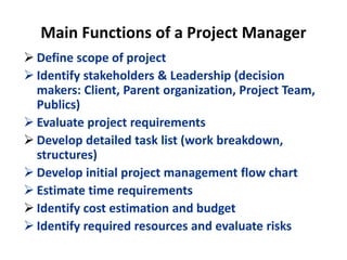 Main Functions of a Project Manager
 Define scope of project
 Identify stakeholders & Leadership (decision
makers: Client, Parent organization, Project Team,
Publics)
 Evaluate project requirements
 Develop detailed task list (work breakdown,
structures)
 Develop initial project management flow chart
 Estimate time requirements
 Identify cost estimation and budget
 Identify required resources and evaluate risks
 