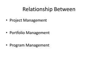Relationship Between
• Project Management
• Portfolio Management
• Program Management
 