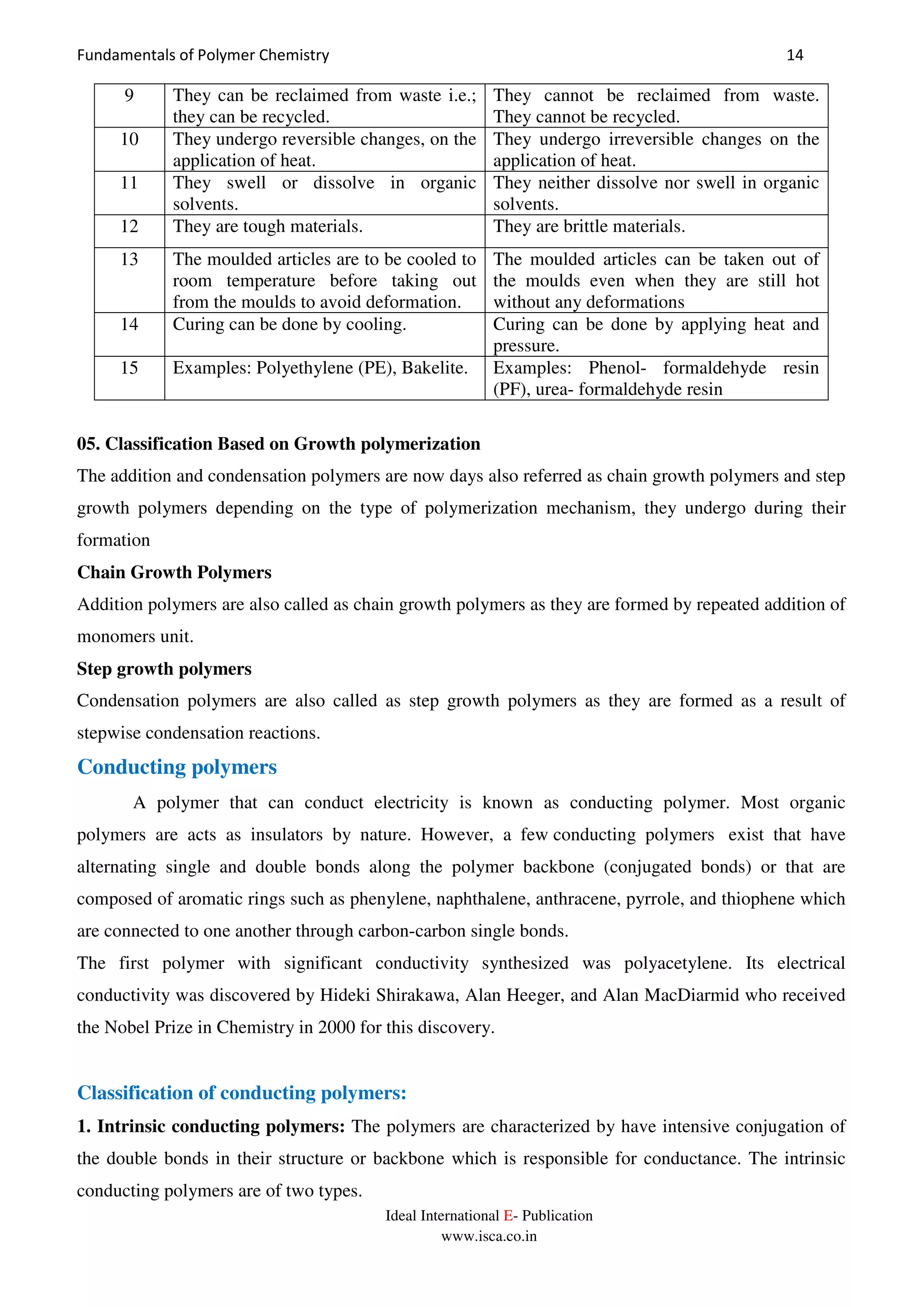 Fundamentals of Polymer Chemistry 14
Ideal International E- Publication
www.isca.co.in
9 They can be reclaimed from waste i.e.;
they can be recycled.
They cannot be reclaimed from waste.
They cannot be recycled.
10 They undergo reversible changes, on the
application of heat.
They undergo irreversible changes on the
application of heat.
11 They swell or dissolve in organic
solvents.
They neither dissolve nor swell in organic
solvents.
12 They are tough materials. They are brittle materials.
13 The moulded articles are to be cooled to
room temperature before taking out
from the moulds to avoid deformation.
The moulded articles can be taken out of
the moulds even when they are still hot
without any deformations
14 Curing can be done by cooling. Curing can be done by applying heat and
pressure.
15 Examples: Polyethylene (PE), Bakelite. Examples: Phenol- formaldehyde resin
(PF), urea- formaldehyde resin
05. Classification Based on Growth polymerization
The addition and condensation polymers are now days also referred as chain growth polymers and step
growth polymers depending on the type of polymerization mechanism, they undergo during their
formation
Chain Growth Polymers
Addition polymers are also called as chain growth polymers as they are formed by repeated addition of
monomers unit.
Step growth polymers
Condensation polymers are also called as step growth polymers as they are formed as a result of
stepwise condensation reactions.
Conducting polymers
A polymer that can conduct electricity is known as conducting polymer. Most organic
polymers are acts as insulators by nature. However, a few conducting polymers exist that have
alternating single and double bonds along the polymer backbone (conjugated bonds) or that are
composed of aromatic rings such as phenylene, naphthalene, anthracene, pyrrole, and thiophene which
are connected to one another through carbon-carbon single bonds.
The first polymer with significant conductivity synthesized was polyacetylene. Its electrical
conductivity was discovered by Hideki Shirakawa, Alan Heeger, and Alan MacDiarmid who received
the Nobel Prize in Chemistry in 2000 for this discovery.
Classification of conducting polymers:
1. Intrinsic conducting polymers: The polymers are characterized by have intensive conjugation of
the double bonds in their structure or backbone which is responsible for conductance. The intrinsic
conducting polymers are of two types.
 