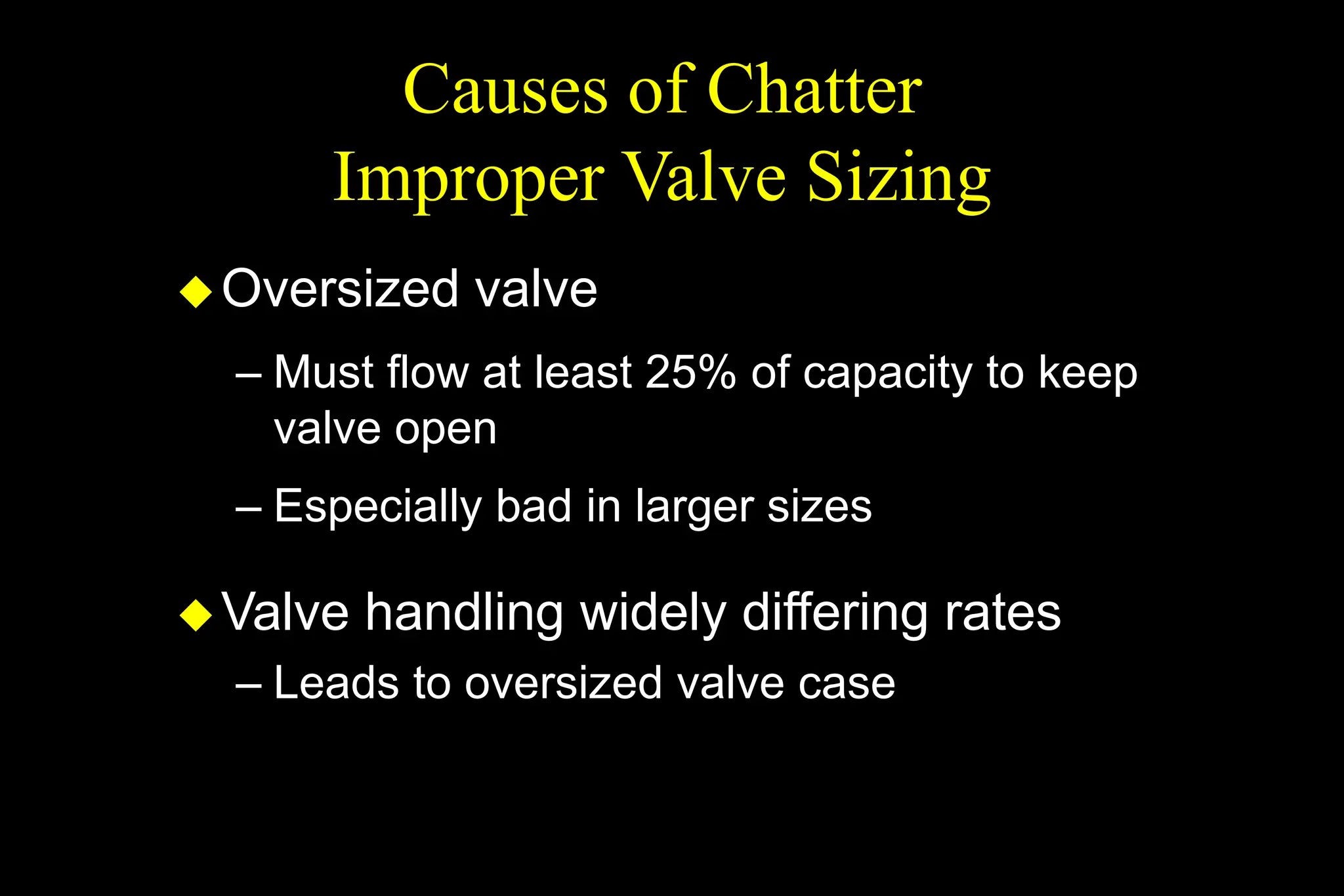 Causes of Chatter
Improper Valve Sizing
Oversized valve
– Must flow at least 25% of capacity to keep
valve open
– Especially bad in larger sizes
Valve handling widely differing rates
– Leads to oversized valve case
 