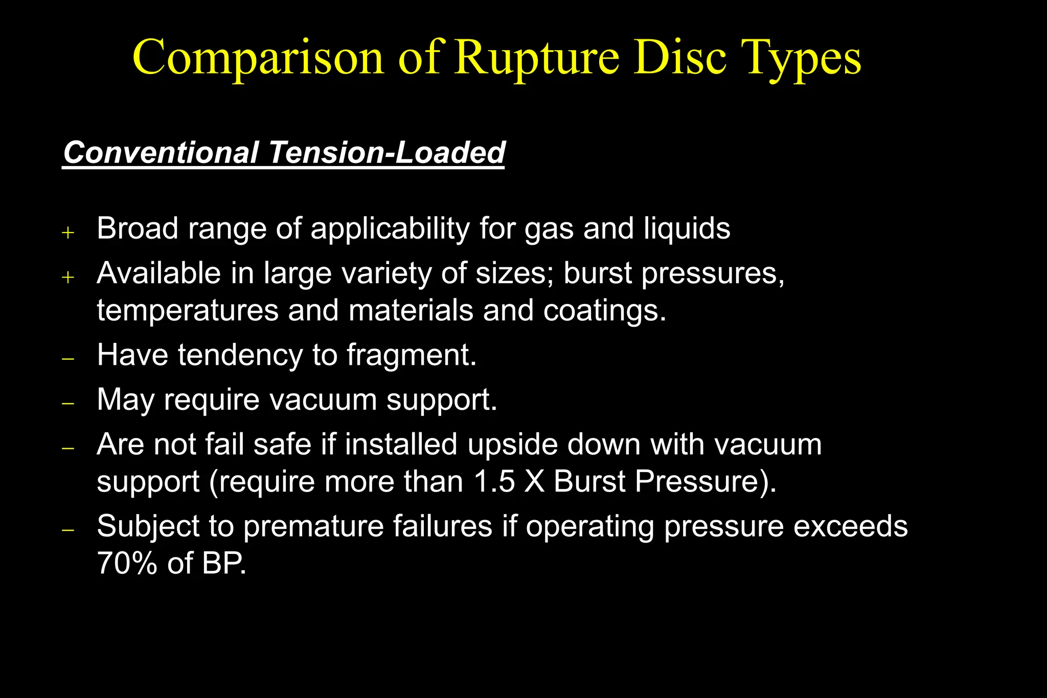 Conventional Tension-Loaded
 Broad range of applicability for gas and liquids
 Available in large variety of sizes; burst pressures,
temperatures and materials and coatings.
 Have tendency to fragment.
 May require vacuum support.
 Are not fail safe if installed upside down with vacuum
support (require more than 1.5 X Burst Pressure).
 Subject to premature failures if operating pressure exceeds
70% of BP.
Comparison of Rupture Disc Types
 