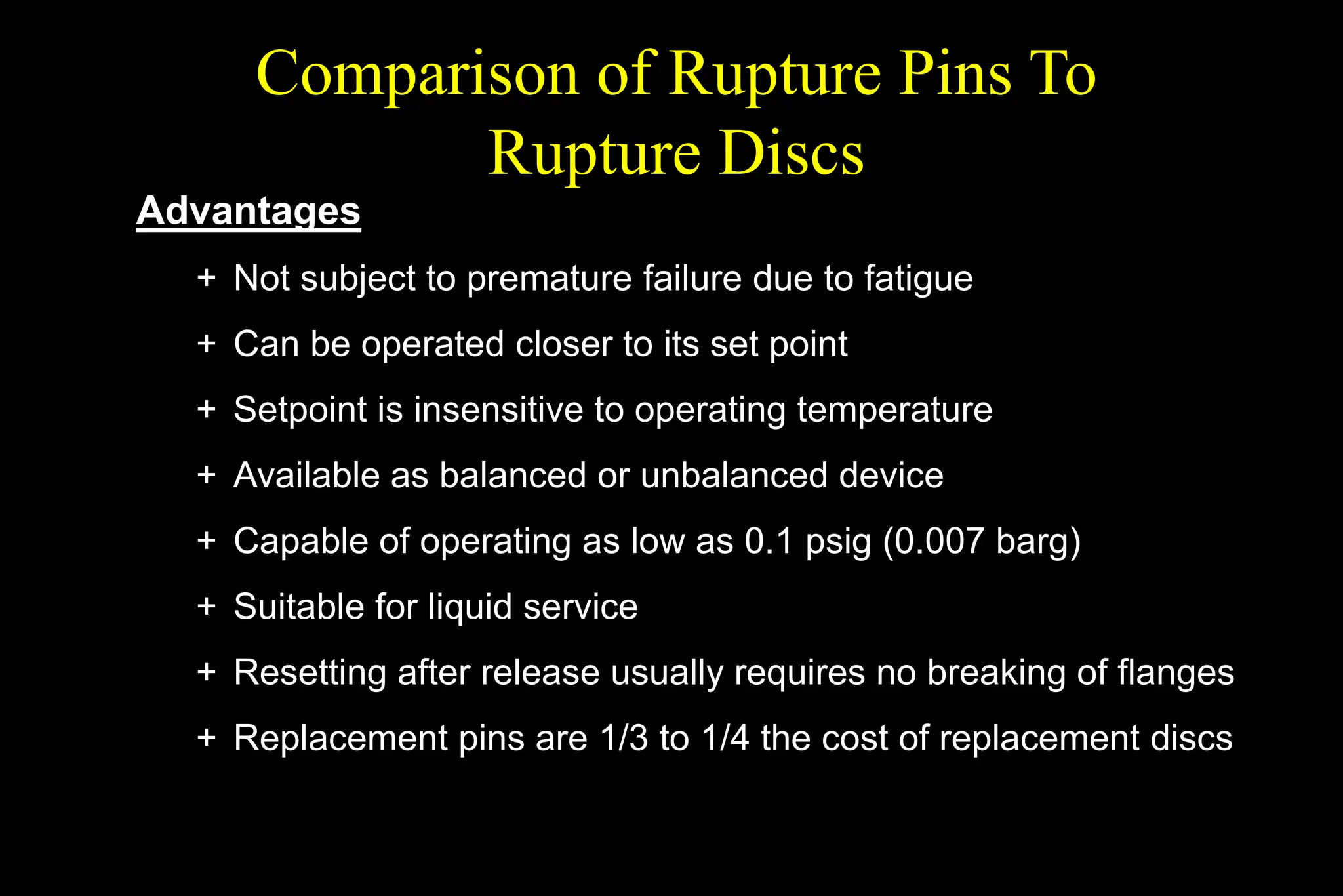 Comparison of Rupture Pins To
Rupture Discs
Advantages
+ Not subject to premature failure due to fatigue
+ Can be operated closer to its set point
+ Setpoint is insensitive to operating temperature
+ Available as balanced or unbalanced device
+ Capable of operating as low as 0.1 psig (0.007 barg)
+ Suitable for liquid service
+ Resetting after release usually requires no breaking of flanges
+ Replacement pins are 1/3 to 1/4 the cost of replacement discs
 