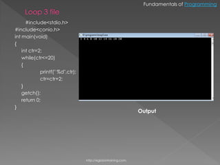 Fundamentals of Programming


      #include<stdio.h>
#include<conio.h>
int main(void)
{
    int ctr=2;
    while(ctr<=20)
    {
             printf(" %d",ctr);
             ctr=ctr+2;
    }
    getch();
    return 0;
}
                                                                Output




                                  http://eglobiotraining.com.
 