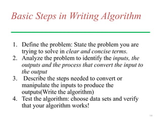 Basic Steps in Writing Algorithm
1. Define the problem: State the problem you are
trying to solve in clear and concise terms.
2. Analyze the problem to identify the inputs, the
outputs and the process that convert the input to
the output
3. Describe the steps needed to convert or
manipulate the inputs to produce the
outputs(Write the algorithm)
4. Test the algorithm: choose data sets and verify
that your algorithm works!
14
 