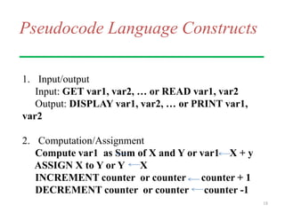 Pseudocode Language Constructs
1. Input/output
Input: GET var1, var2, … or READ var1, var2
Output: DISPLAY var1, var2, … or PRINT var1,
var2
2. Computation/Assignment
Compute var1 as Sum of X and Y or var1 X + y
ASSIGN X to Y or Y X
INCREMENT counter or counter counter + 1
DECREMENT counter or counter counter -1
18
 