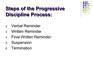 Steps of the Progressive Discipline Process: ,[object Object],[object Object],[object Object],[object Object],[object Object]