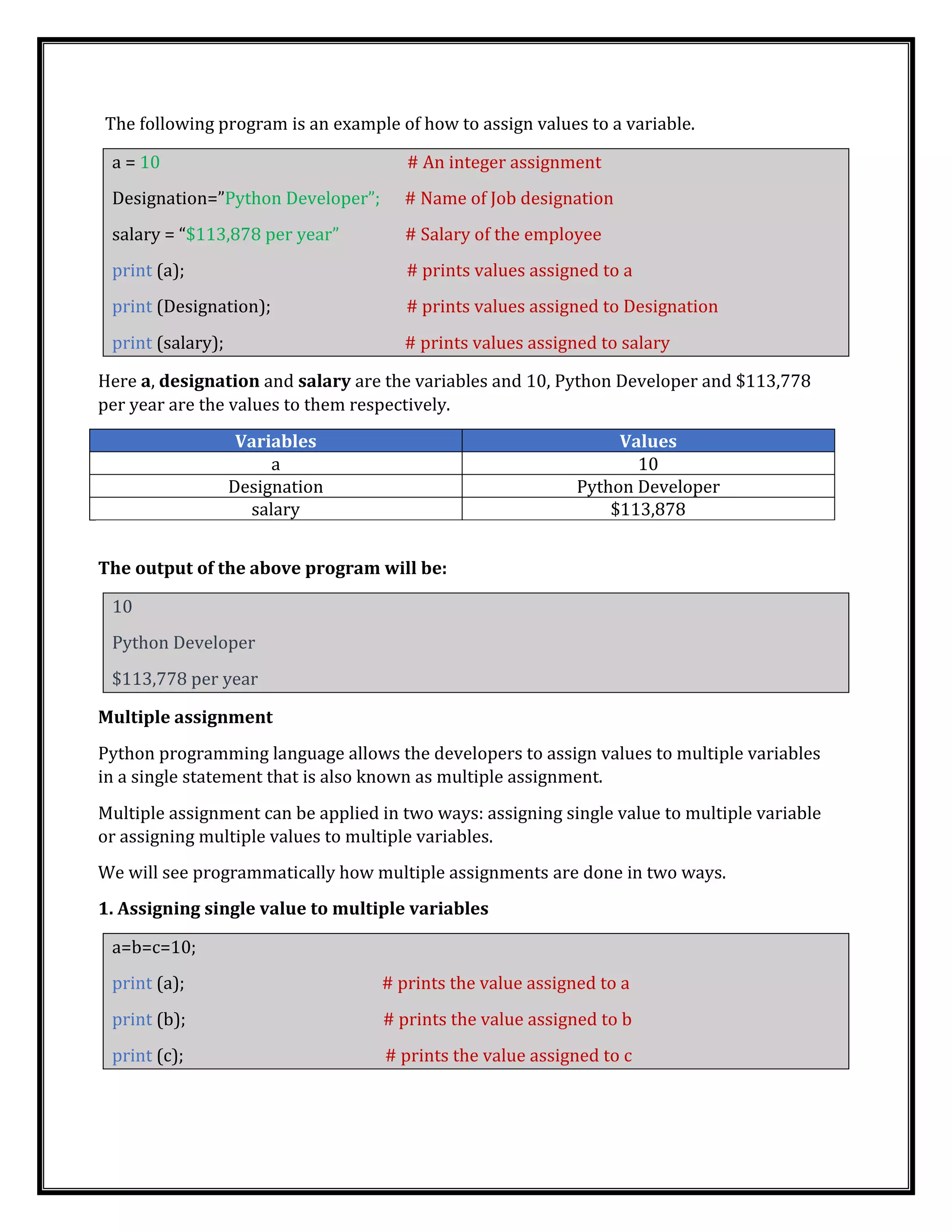 The following program is an example of how to assign values to a variable.
a = 10 # An integer assignment
Designation=”Python Developer”; # Name of Job designation
salary = “$113,878 per year” # Salary of the employee
print (a); # prints values assigned to a
print (Designation); # prints values assigned to Designation
print (salary); # prints values assigned to salary
Here a, designation and salary are the variables and 10, Python Developer and $113,778
per year are the values to them respectively.
Variables Values
a 10
Designation Python Developer
salary $113,878
The output of the above program will be:
10
Python Developer
$113,778 per year
Multiple assignment
Python programming language allows the developers to assign values to multiple variables
in a single statement that is also known as multiple assignment.
Multiple assignment can be applied in two ways: assigning single value to multiple variable
or assigning multiple values to multiple variables.
We will see programmatically how multiple assignments are done in two ways.
1. Assigning single value to multiple variables
a=b=c=10;
print (a); # prints the value assigned to a
print (b); # prints the value assigned to b
print (c); # prints the value assigned to c
 
