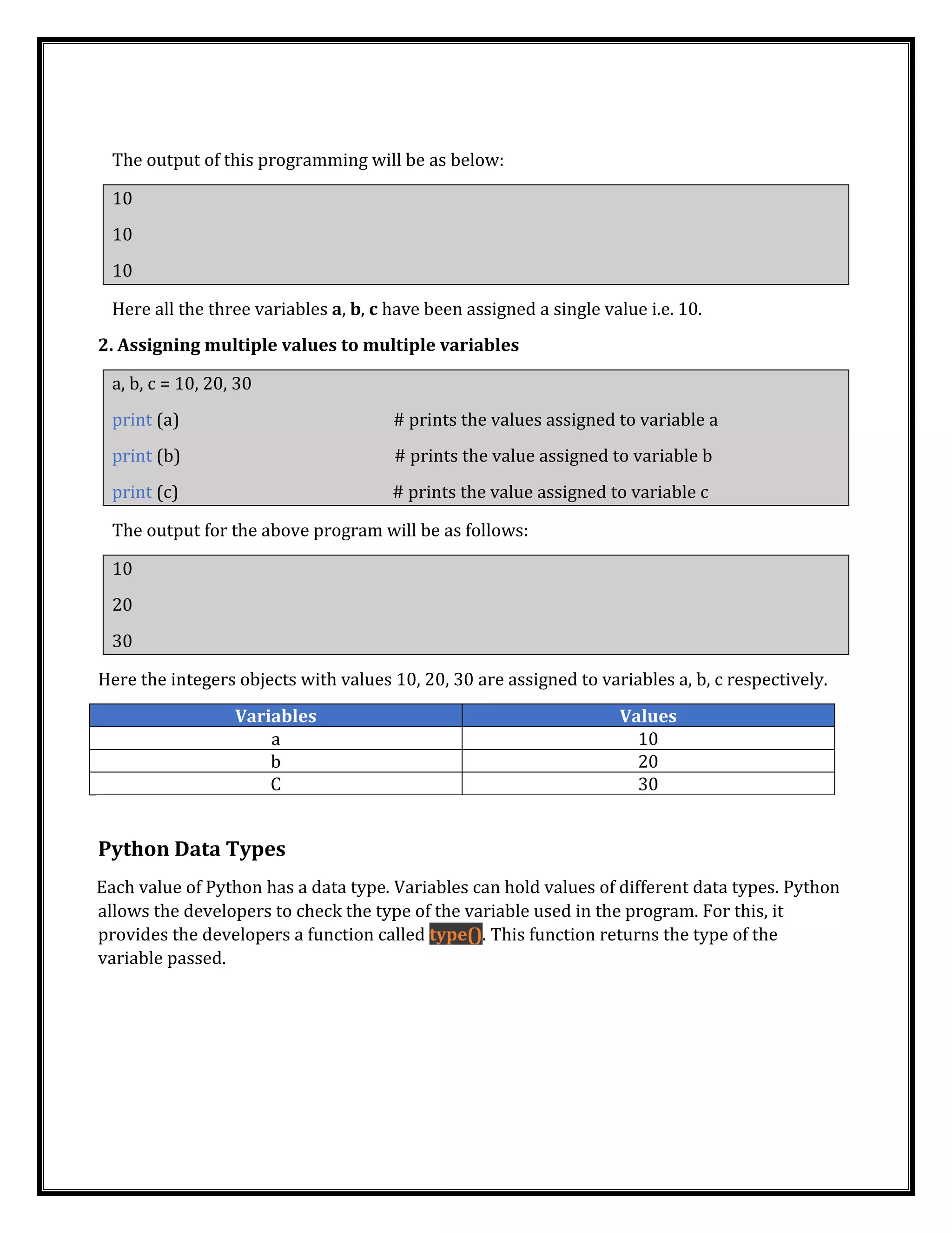 The output of this programming will be as below:
10
10
10
Here all the three variables a, b, c have been assigned a single value i.e. 10.
2. Assigning multiple values to multiple variables
a, b, c = 10, 20, 30
print (a) # prints the values assigned to variable a
print (b) # prints the value assigned to variable b
print (c) # prints the value assigned to variable c
The output for the above program will be as follows:
10
20
30
Here the integers objects with values 10, 20, 30 are assigned to variables a, b, c respectively.
Variables Values
a 10
b 20
C 30
Python Data Types
Each value of Python has a data type. Variables can hold values of different data types. Python
allows the developers to check the type of the variable used in the program. For this, it
provides the developers a function called type(). This function returns the type of the
variable passed.
 