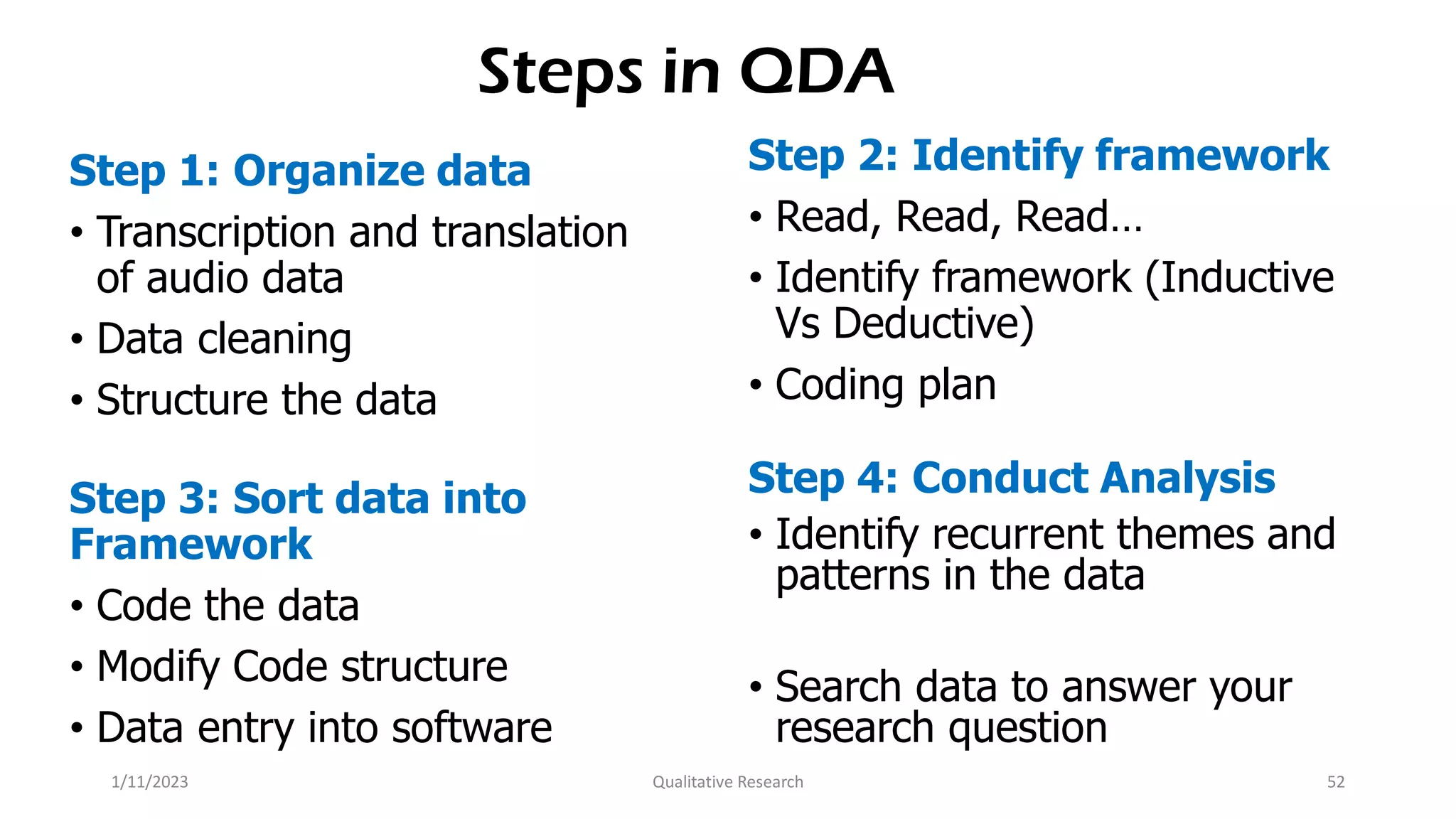 Steps in QDA
Step 1: Organize data
• Transcription and translation
of audio data
• Data cleaning
• Structure the data
Step 2: Identify framework
• Read, Read, Read…
• Identify framework (Inductive
Vs Deductive)
• Coding plan
Step 3: Sort data into
Framework
• Code the data
• Modify Code structure
• Data entry into software
Step 4: Conduct Analysis
• Identify recurrent themes and
patterns in the data
• Search data to answer your
research question
1/11/2023 Qualitative Research 52
 