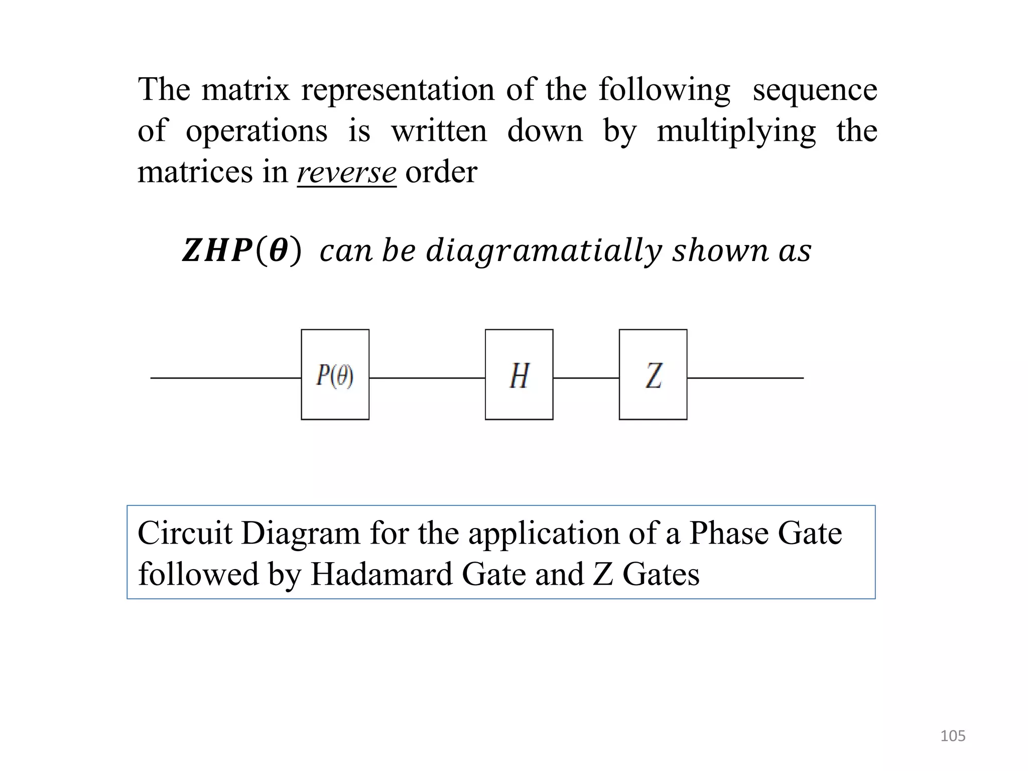 105 The matrix representation of the following sequence of operations is written down by multiplying the matrices in reverse order 𝒁𝑯𝑷 𝜽 𝑐𝑎𝑛 𝑏𝑒 𝑑𝑖𝑎𝑔𝑟𝑎𝑚𝑎𝑡𝑖𝑎𝑙𝑙𝑦 𝑠ℎ𝑜𝑤𝑛 𝑎𝑠 Circuit Diagram for the application of a Phase Gate followed by Hadamard Gate and Z Gates 