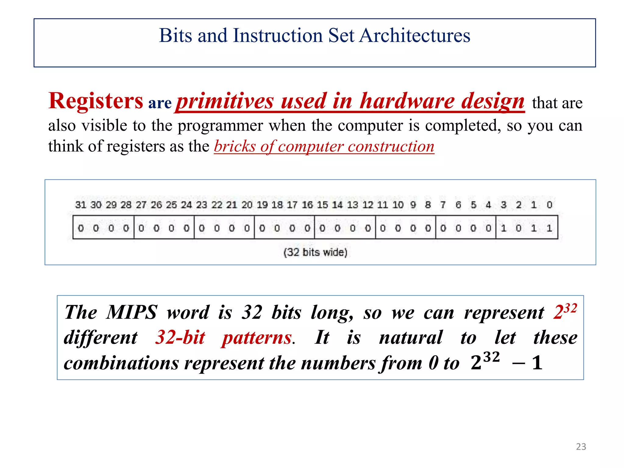 Registers are primitives used in hardware design that are also visible to the programmer when the computer is completed, so you can think of registers as the bricks of computer construction 23 Bits and Instruction Set Architectures The MIPS word is 32 bits long, so we can represent 232 different 32-bit patterns. It is natural to let these combinations represent the numbers from 0 to 𝟐 𝟑𝟐 − 𝟏 