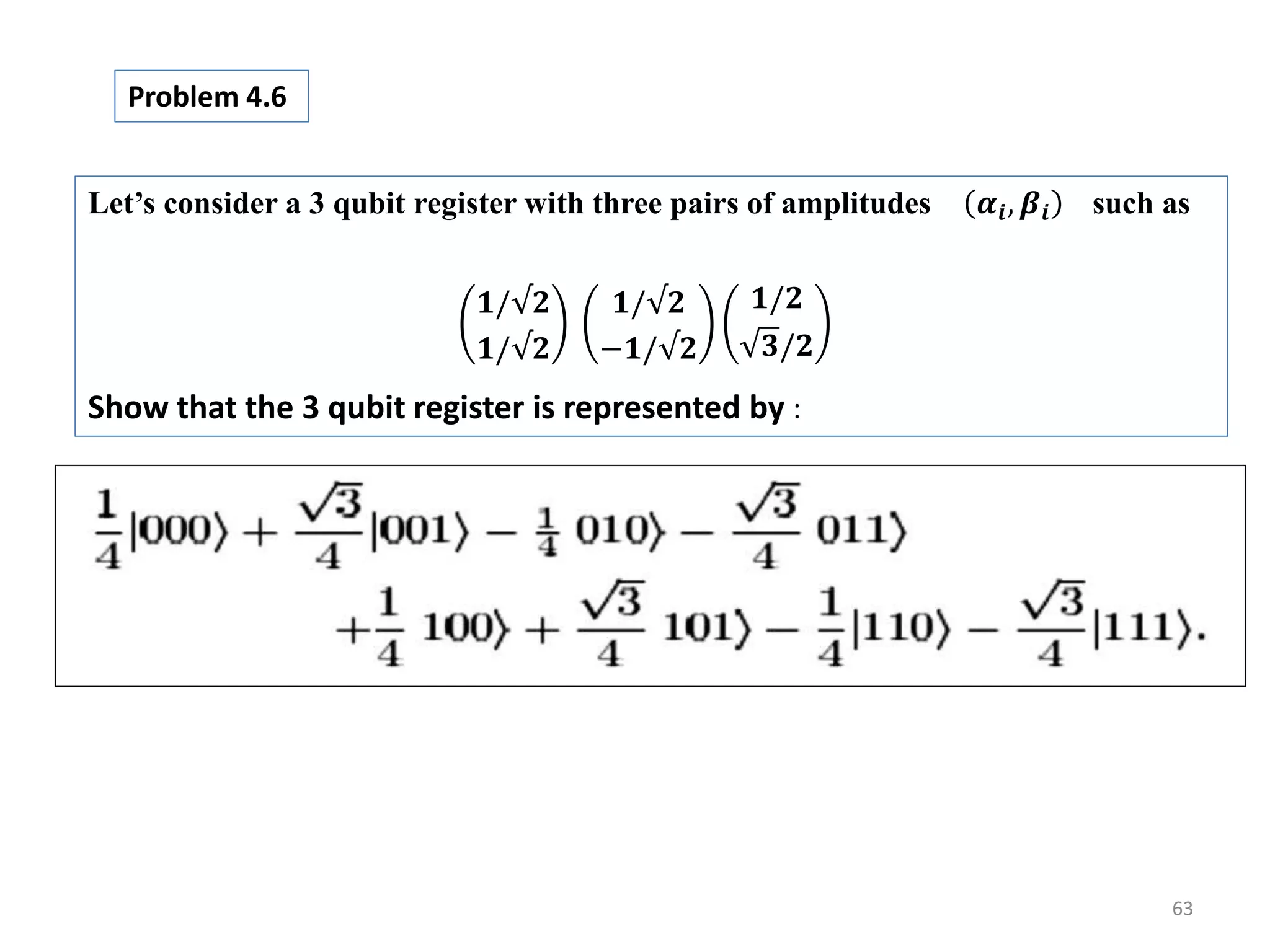 63 Let’s consider a 3 qubit register with three pairs of amplitudes 𝜶𝒊, 𝜷𝒊 such as 𝟏/√𝟐 𝟏/√𝟐 𝟏/√𝟐 −𝟏/√𝟐 𝟏/𝟐 𝟑/𝟐 Show that the 3 qubit register is represented by : Problem 4.6 