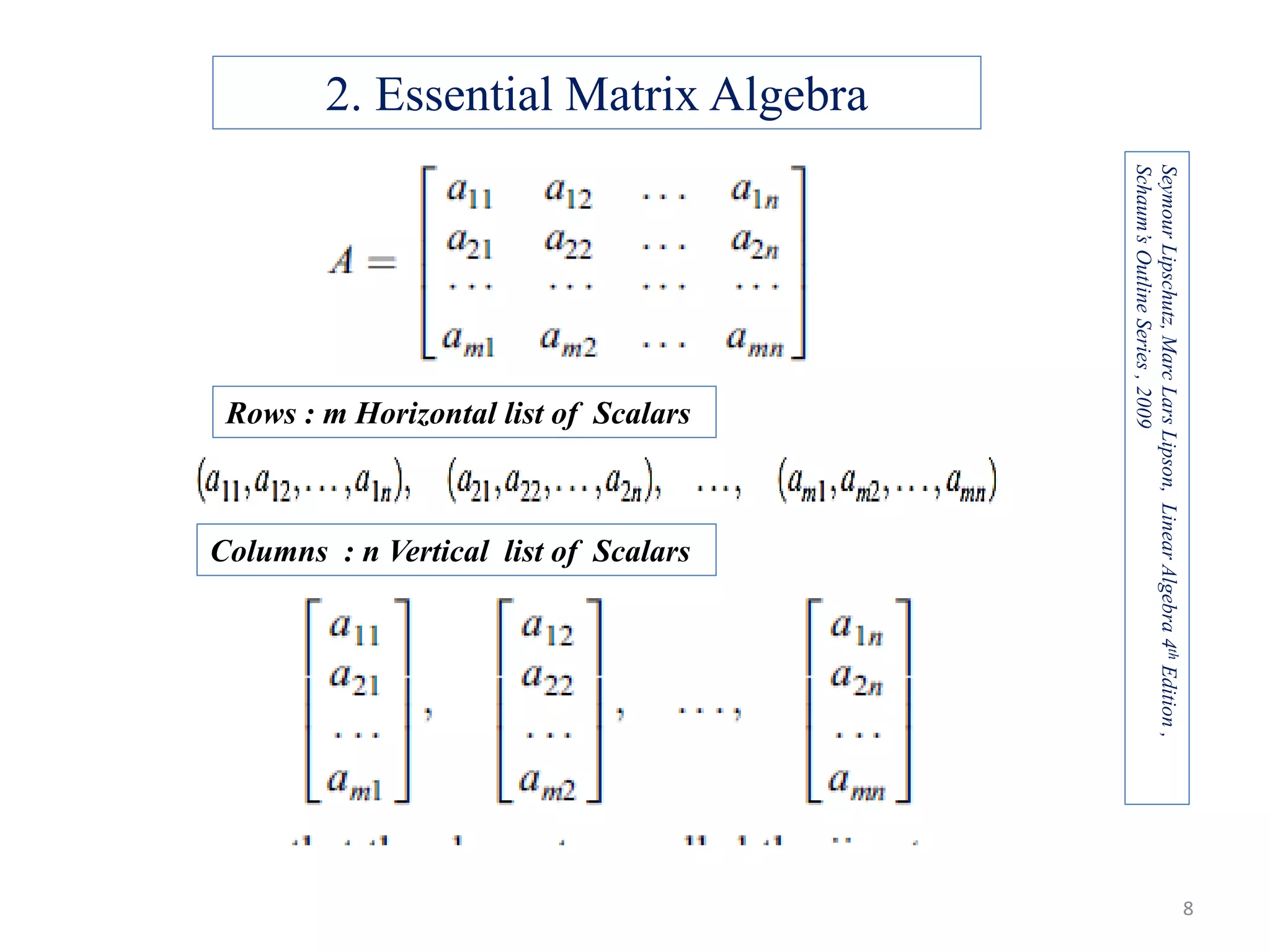 2. Essential Matrix Algebra Rows : m Horizontal list of Scalars Columns : n Vertical list of Scalars 8 SeymourLipschutz,MarcLarsLipson,LinearAlgebra4thEdition, Schaum’sOutlineSeries,2009 