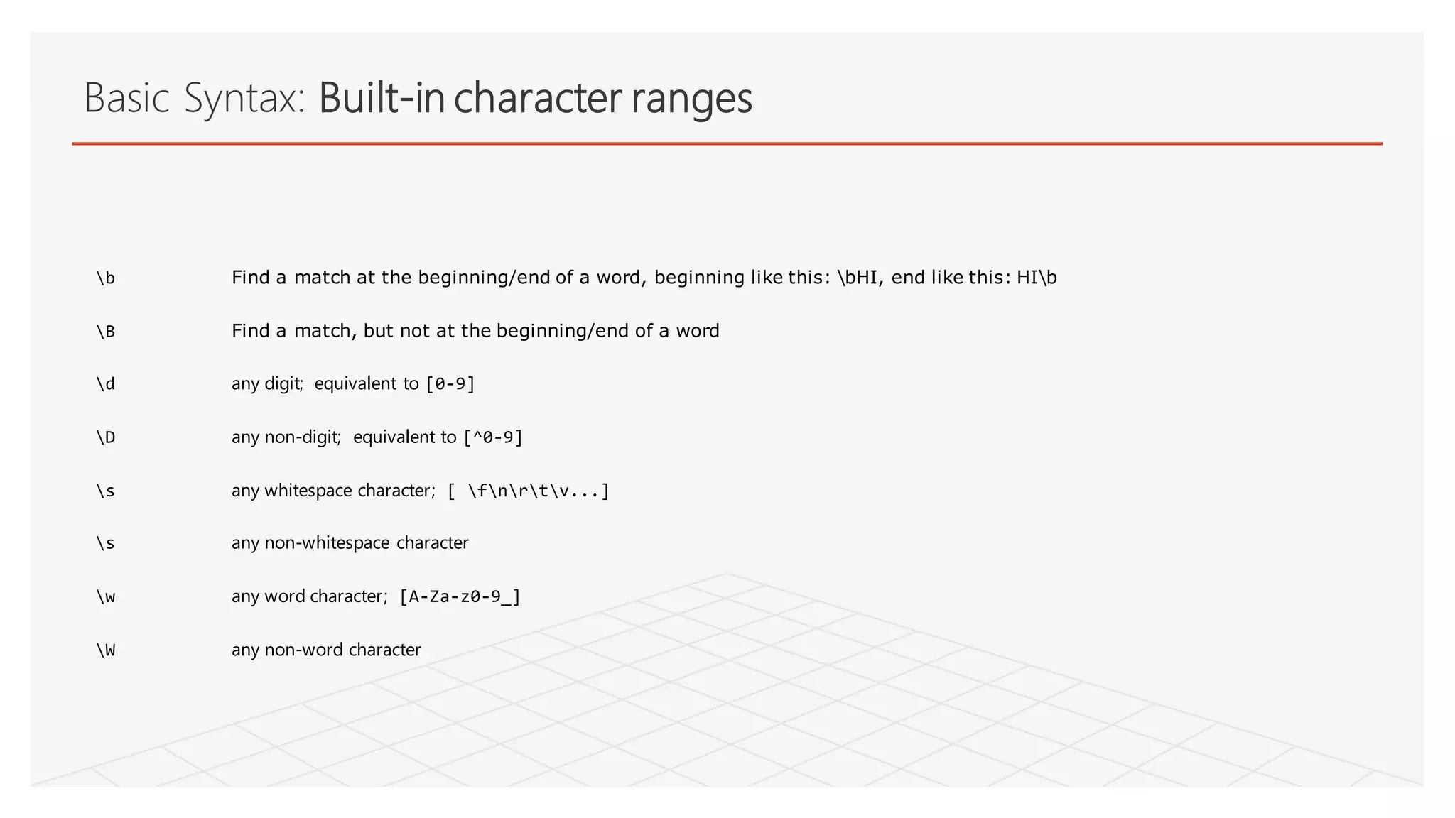 Basic Syntax: Built-in character ranges
b Find a match at the beginning/end of a word, beginning like this: bHI, end like this: HIb
B Find a match, but not at the beginning/end of a word
d any digit; equivalent to [0-9]
D any non-digit; equivalent to [^0-9]
s any whitespace character; [ fnrtv...]
s any non-whitespace character
w any word character; [A-Za-z0-9_]
W any non-word character
 