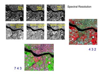 Blue           Gree              Red         Spectral Resolution
       TM 1           nTM 2             TM 3




Near Infrared   Middle Infrared   Middle Infrared
     TM 4               TM 5              TM
                                          7




                                                                    432




   743
 