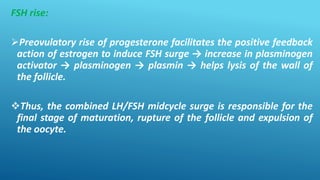 FSH rise:
Preovulatory rise of progesterone facilitates the positive feedback
action of estrogen to induce FSH surge → increase in plasminogen
activator → plasminogen → plasmin → helps lysis of the wall of
the follicle.
Thus, the combined LH/FSH midcycle surge is responsible for the
final stage of maturation, rupture of the follicle and expulsion of
the oocyte.
 