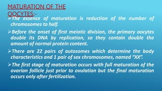 MATURATION OF THE
OOCYTES:-
The essence of maturation is reduction of the number of
chromosomes to half.
Before the onset of first meiotic division, the primary oocytes
double its DNA by replication, so they contain double the
amount of normal protein content.
There are 22 pairs of autosomes which determine the body
characteristics and 1 pair of sex chromosomes, named “XX”.
The first stage of maturation occurs with full maturation of the
ovarian follicle just prior to ovulation but the final maturation
occurs only after fertilization.
 