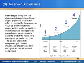 (8) Reservoir Surveillance
these stages along with the
characteristics pertaining to each
stage. Significant increase in
effort is required for large gains in
value as the information is
converted to knowledge and then
into intelligence. Intelligence is
gained when we possess the
ability to predict the future for a
parameter, property, or system.
The rapidity with which
companies gain system
intelligence differentiates and
distinguishes them from their
competitors
113
 