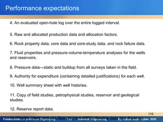 Performance expectations
4. An evaluated open-hole log over the entire logged interval.
5. Raw and allocated production data and allocation factors.
6. Rock property data, core data and core-study data, and rock failure data.
7. Fluid properties and pressure-volume-temperature analyses for the wells
and reservoirs.
8. Pressure data—static and buildup from all surveys taken in the field.
9. Authority for expenditure (containing detailed justifications) for each well.
10. Well summary sheet with well histories.
11. Copy of field studies, petrophysical studies, reservoir and geological
studies.
12. Reserve report data.
13. Facility, plant, process flow diagram (PFD), flowline data and drawings.
119
 