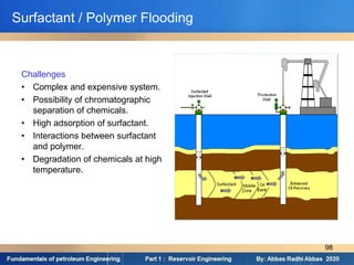 Challenges
• Complex and expensive system.
• Possibility of chromatographic
separation of chemicals.
• High adsorption of surfactant.
• Interactions between surfactant
and polymer.
• Degradation of chemicals at high
temperature.
Surfactant / Polymer Flooding
98
 