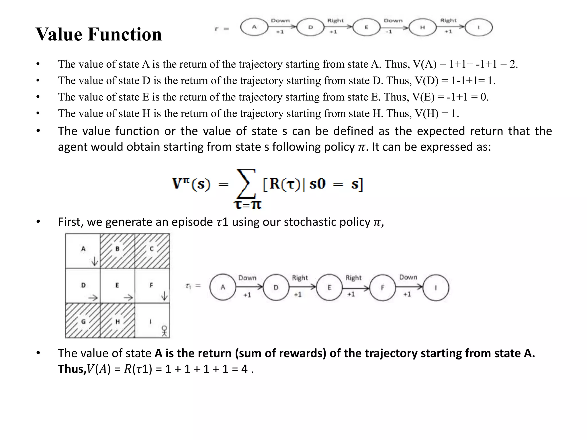 Value Function
• The value of state A is the return of the trajectory starting from state A. Thus, V(A) = 1+1+ -1+1 = 2.
• The value of state D is the return of the trajectory starting from state D. Thus, V(D) = 1-1+1= 1.
• The value of state E is the return of the trajectory starting from state E. Thus, V(E) = -1+1 = 0.
• The value of state H is the return of the trajectory starting from state H. Thus, V(H) = 1.
• The value function or the value of state s can be defined as the expected return that the
agent would obtain starting from state s following policy 𝜋. It can be expressed as:
• First, we generate an episode 𝜏1 using our stochastic policy 𝜋,
• The value of state A is the return (sum of rewards) of the trajectory starting from state A.
Thus,𝑉(𝐴) = 𝑅(𝜏1) = 1 + 1 + 1 + 1 = 4 .
 