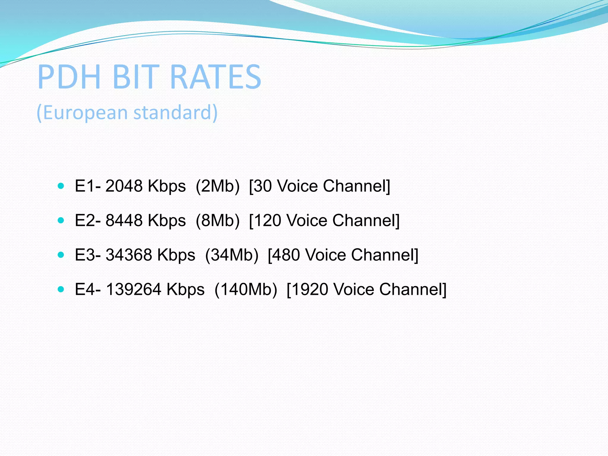 PDH BIT RATES
(European standard)
 E1- 2048 Kbps (2Mb) [30 Voice Channel]
 E2- 8448 Kbps (8Mb) [120 Voice Channel]
 E3- 34368 Kbps (34Mb) [480 Voice Channel]
 E4- 139264 Kbps (140Mb) [1920 Voice Channel]
 