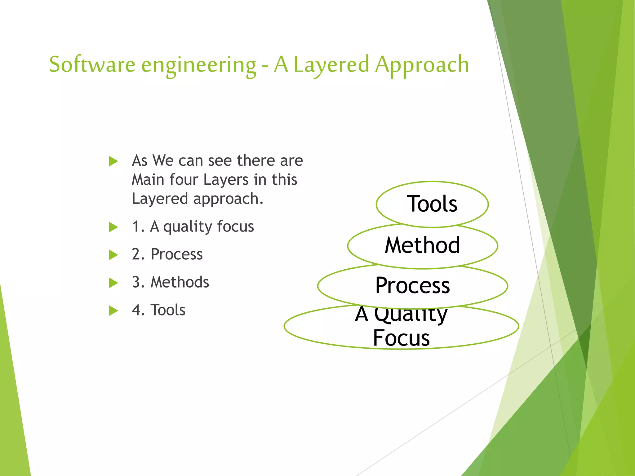Softwareengineering - A Layered Approach
 As We can see there are
Main four Layers in this
Layered approach.
 1. A quality focus
 2. Process
 3. Methods
 4. Tools A Quality
Focus
Process
Method
Tools
 