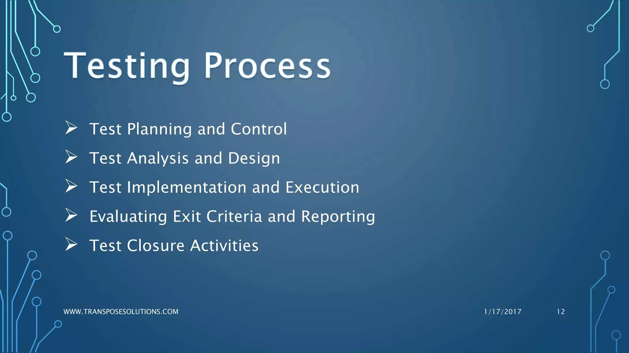  Test Planning and Control
 Test Analysis and Design
 Test Implementation and Execution
 Evaluating Exit Criteria and Reporting
 Test Closure Activities
1/17/2017WWW.TRANSPOSESOLUTIONS.COM 12
 