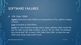 SOFTWARE FAILURES
 Y2K (Year:1999)
Impact: Businesses spent billions on programmers to fix a glitch in legacy
software.
C...