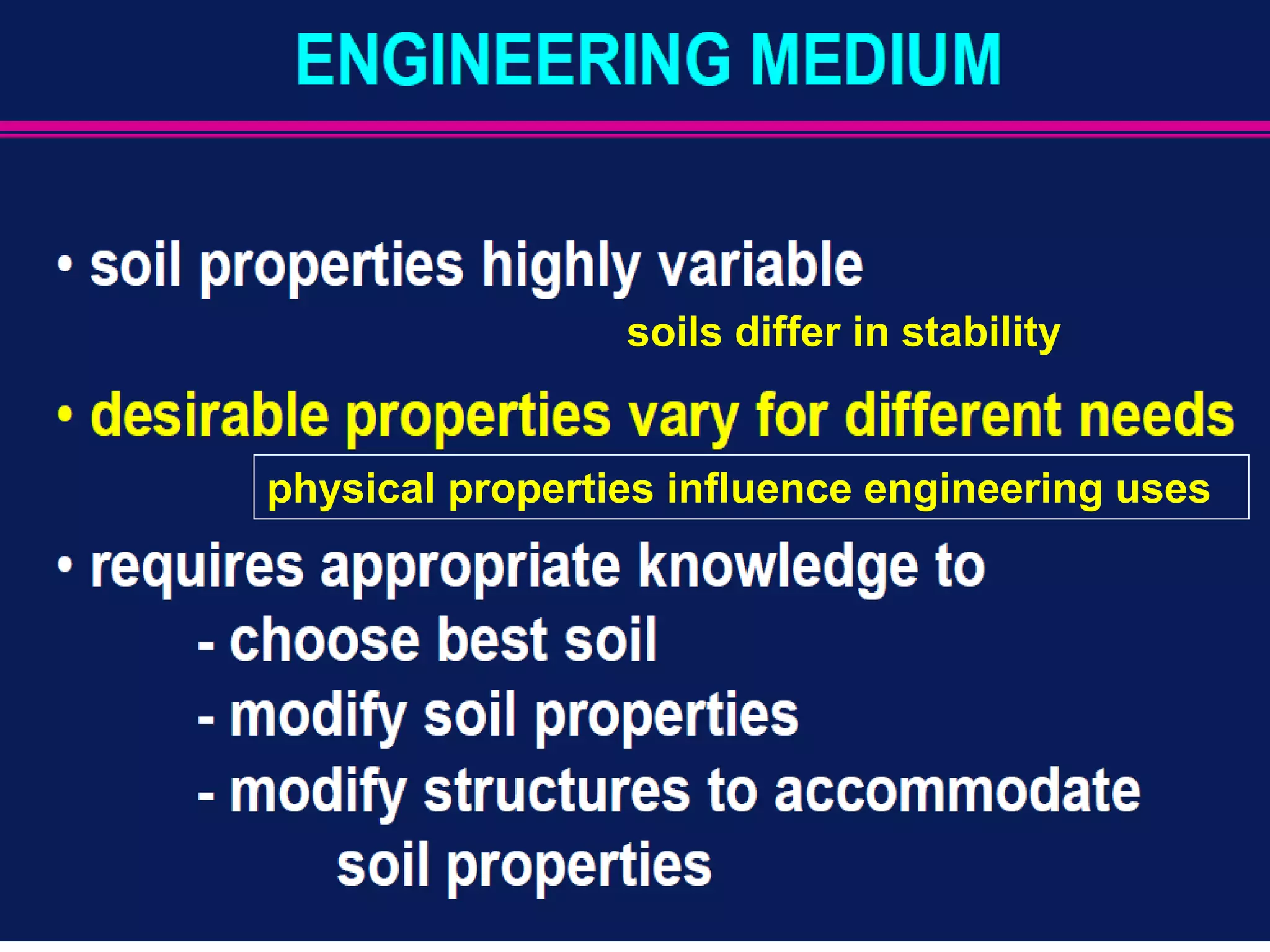 physical properties influence engineering uses
soils differ in stability
 