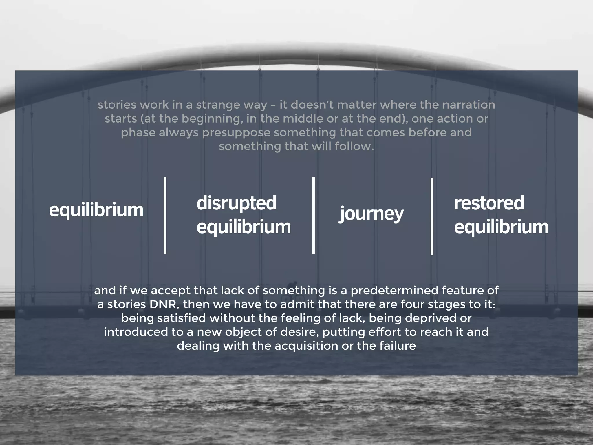 equilibrium disrupted
equilibrium
journey
restored
equilibrium
stories work in a strange way – it doesn’t matter where the narration
starts (at the beginning, in the middle or at the end), one action or
phase always presuppose something that comes before and
something that will follow.
and if we accept that lack of something is a predetermined feature of
a stories DNR, then we have to admit that there are four stages to it:
being satisfied without the feeling of lack, being deprived or
introduced to a new object of desire, putting effort to reach it and
dealing with the acquisition or the failure
 