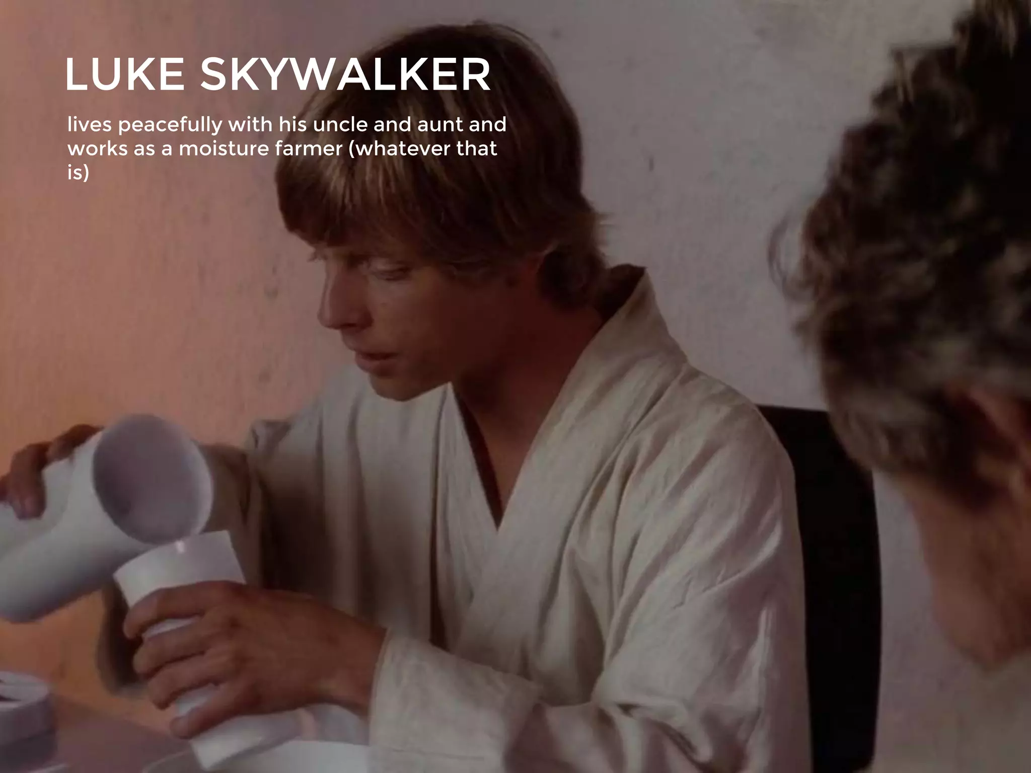 LUKE SKYWALKER
lives peacefully with his uncle and aunt and
works as a moisture farmer (whatever that
is)
 