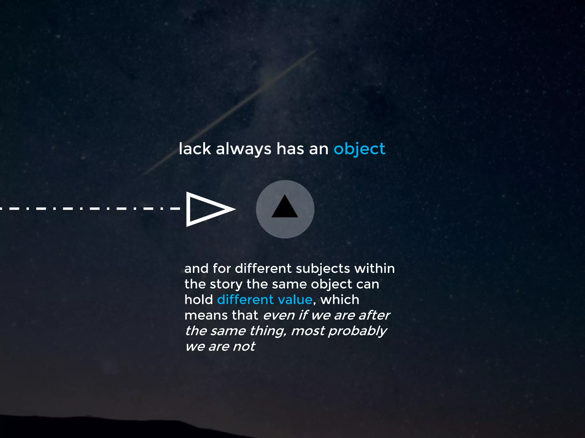 lack always has an object
and for different subjects within
the story the same object can
hold different value, which
means that even if we are after
the same thing, most probably
we are not
 