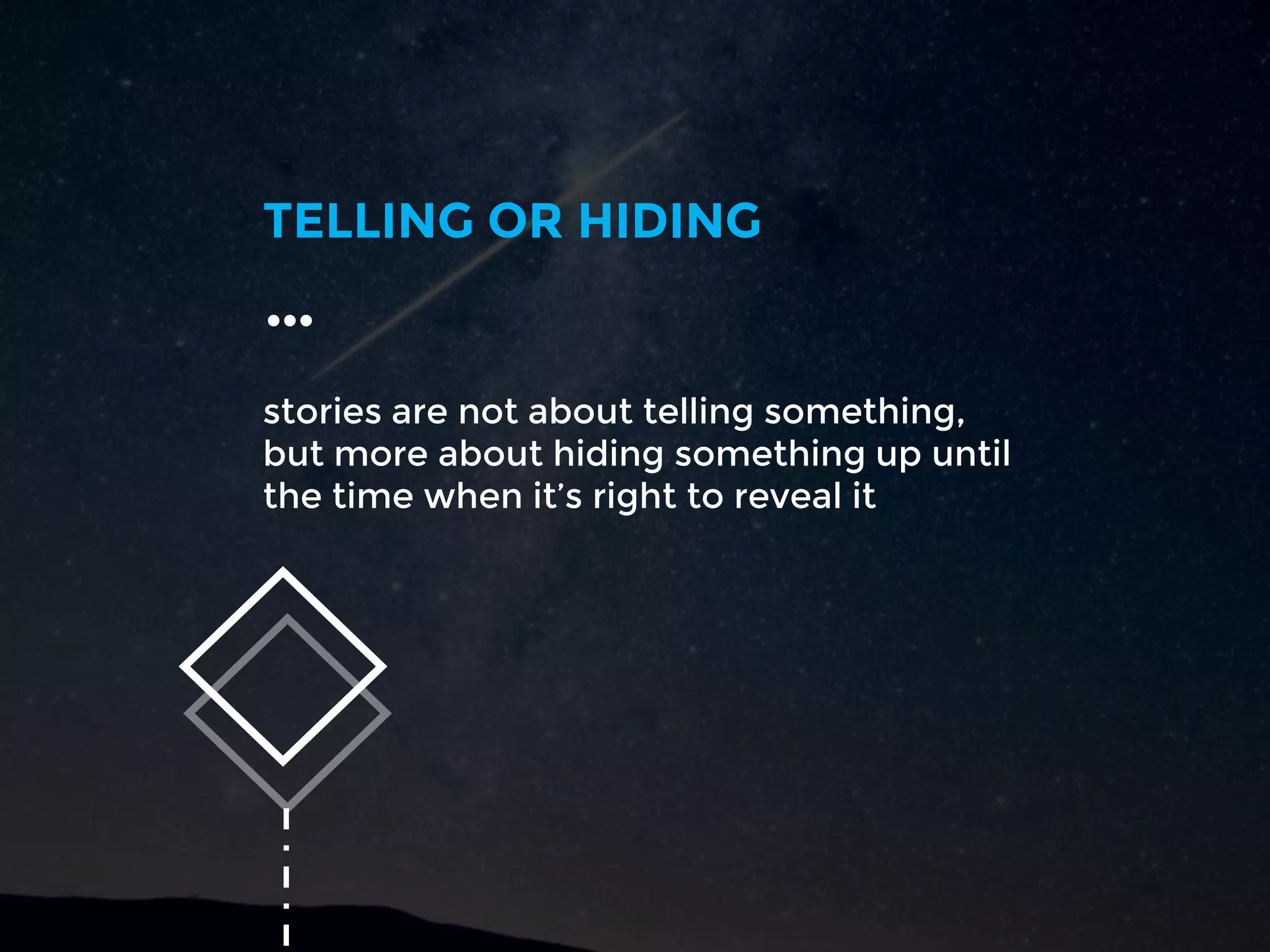 stories are not about telling something,
but more about hiding something up until
the time when it’s right to reveal it
TELLING OR HIDING
…
 