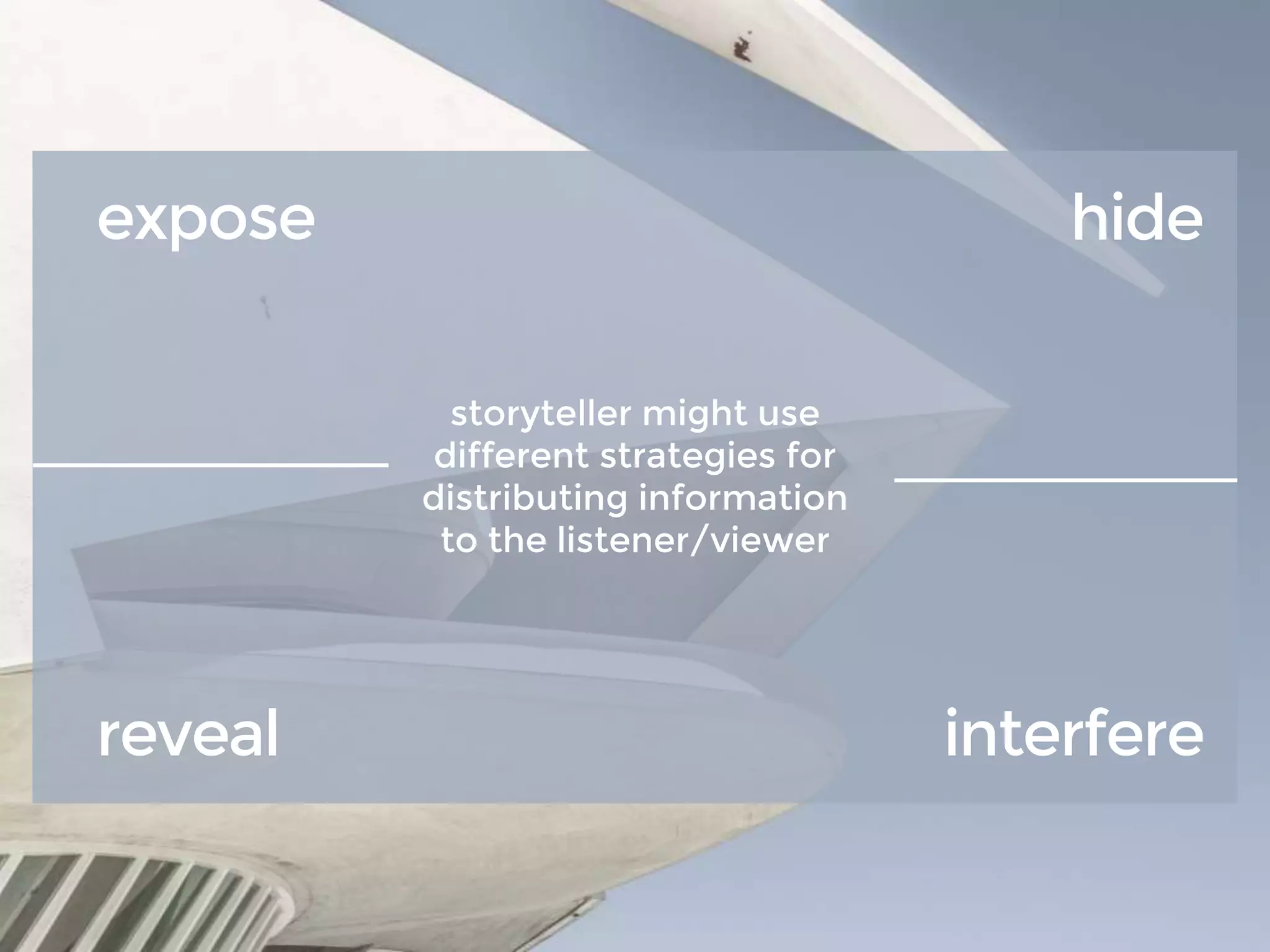 expose hide
reveal interfere
storyteller might use
different strategies for
distributing information
to the listener/viewer
 