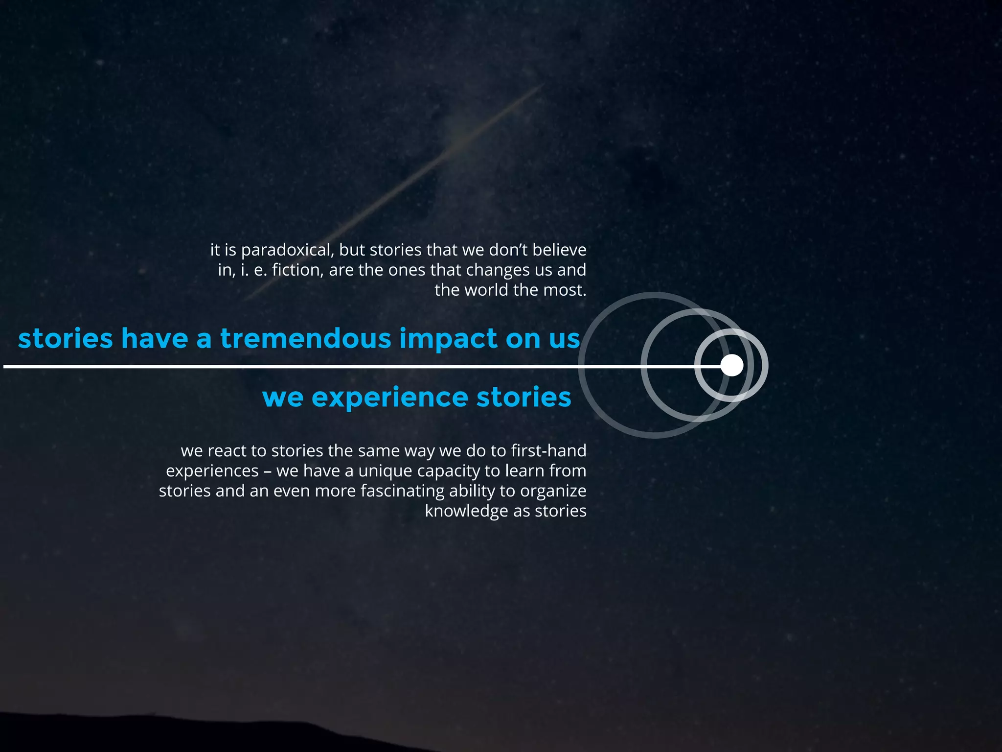 stories have a tremendous impact on us
it is paradoxical, but stories that we don’t believe
in, i. e. fiction, are the ones that changes us and
the world the most.
we experience stories
we react to stories the same way we do to first-hand
experiences – we have a unique capacity to learn from
stories and an even more fascinating ability to organize
knowledge as stories
 