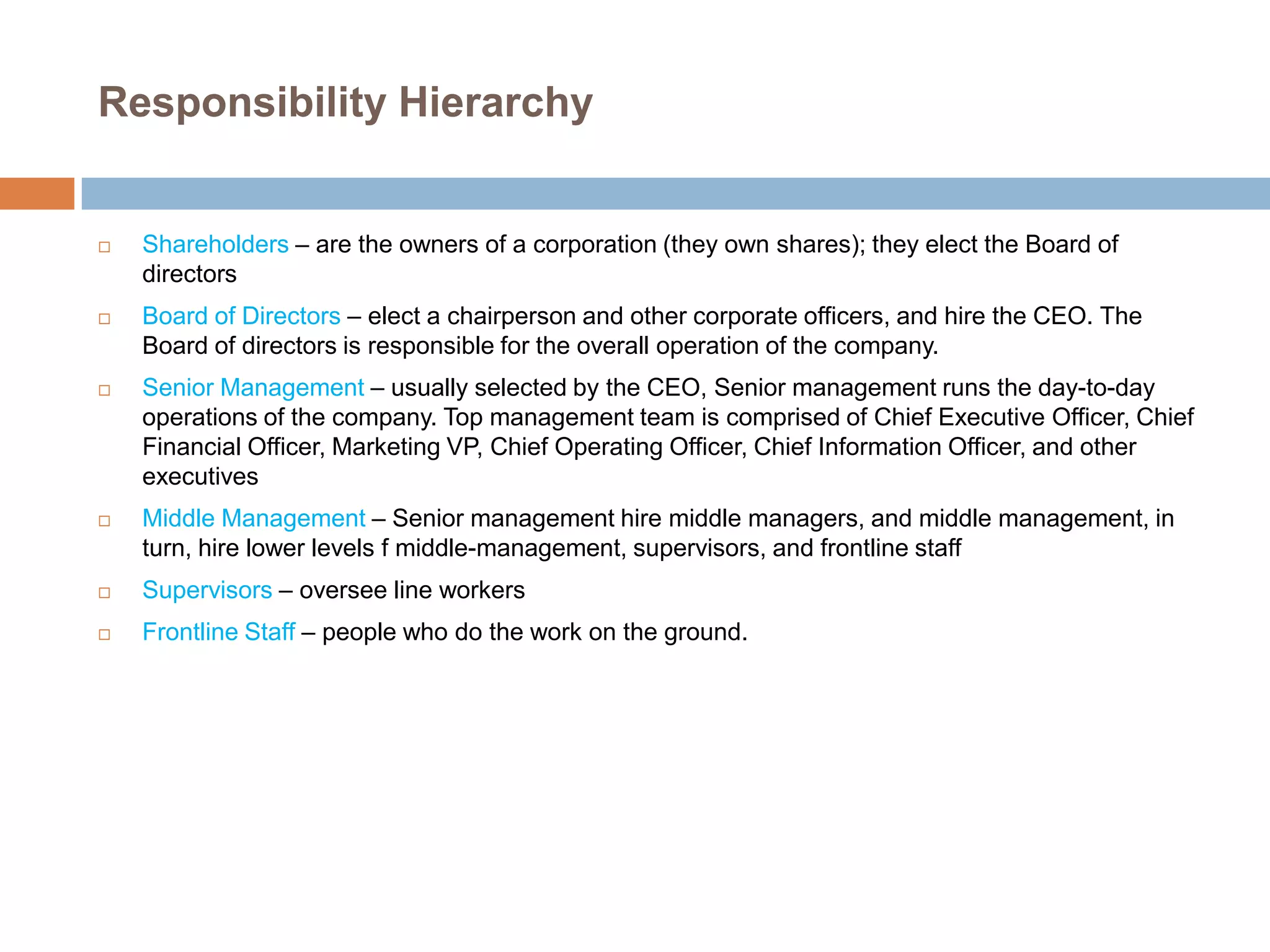 Responsibility Hierarchy









Shareholders – are the owners of a corporation (they own shares); they elect the Board of
directors
Board of Directors – elect a chairperson and other corporate officers, and hire the CEO. The
Board of directors is responsible for the overall operation of the company.
Senior Management – usually selected by the CEO, Senior management runs the day-to-day
operations of the company. Top management team is comprised of Chief Executive Officer, Chief
Financial Officer, Marketing VP, Chief Operating Officer, Chief Information Officer, and other
executives
Middle Management – Senior management hire middle managers, and middle management, in
turn, hire lower levels f middle-management, supervisors, and frontline staff



Supervisors – oversee line workers



Frontline Staff – people who do the work on the ground.

 